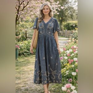 WAYWARD FANCIES ESHAKTI Blue & Cream Embroidered Maxi Dress Size 3X